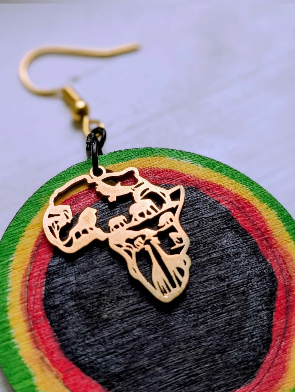 Hand Painted Colorful Afrocentric Round Earrings with Gold Africa Accent